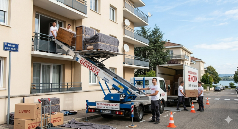 Déménagement en étage avec monte-meubles à Décines par AUX DÉMÉNAGEMENTS GENOUX : intervention sécurisée avec autorisation de stationnement.