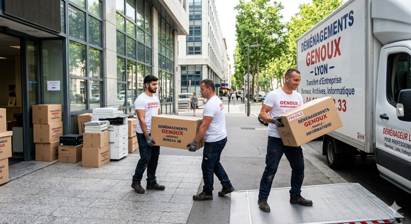 Équipe de Aux Déménagements Genoux en intervention à Lyon pour un transfert d'entreprise.